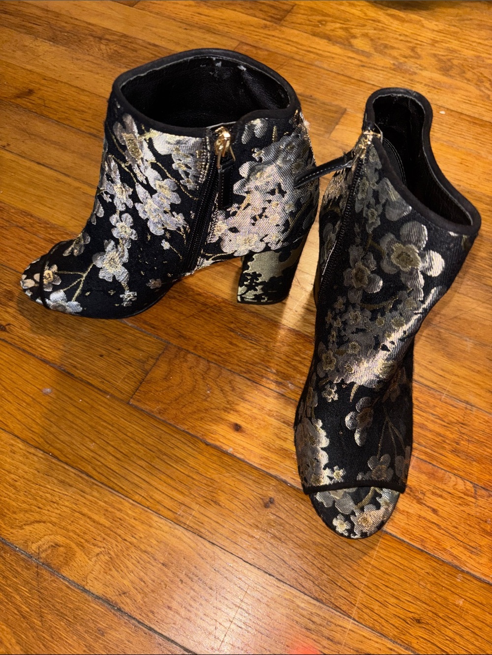 Nine West Black and Gold Floral Block Heel Ankle Boots